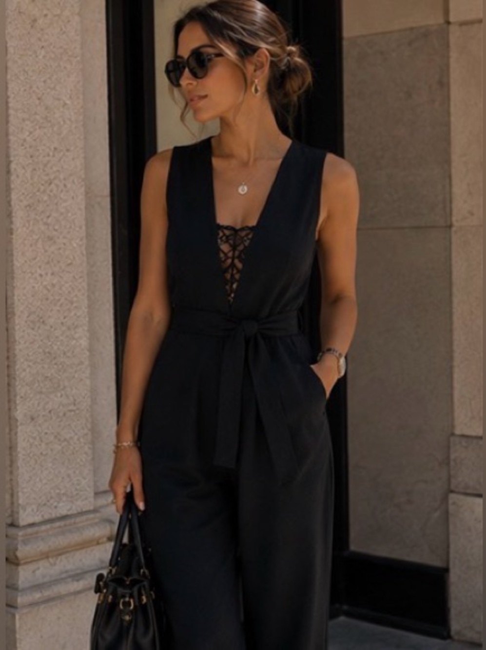 Abercrombie & Fitch Black Sleeveless Lace-Trim Jumpsuit with Waist Tie heritage